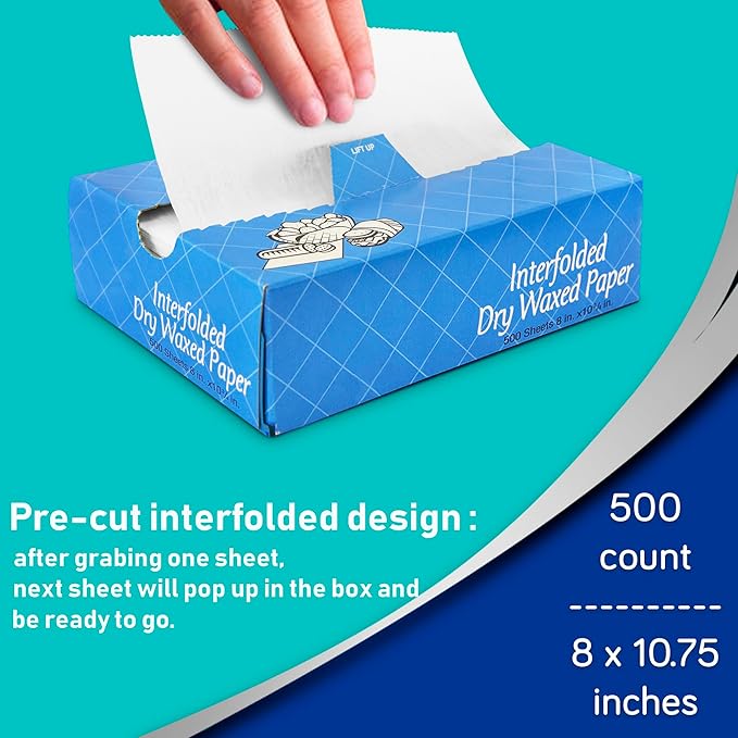Fit Meal Prep 500 Sheets 8 x 10.75” Dry Wax Paper Sheets for Food, Greaseproof Sandwich Wrapping, Interfolded Deli Wax Paper for Fries, Burgers, Food Basket, Made in USA