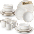 MALACASA 16 Pieces Dinnerware Set, Farmhouse Style Stoneware Plates and Bowls Sets for 4, Embossed Boho Ceramic Dish Set with Mugs, Microwave & Dishwasher Safe, Series LYDIA