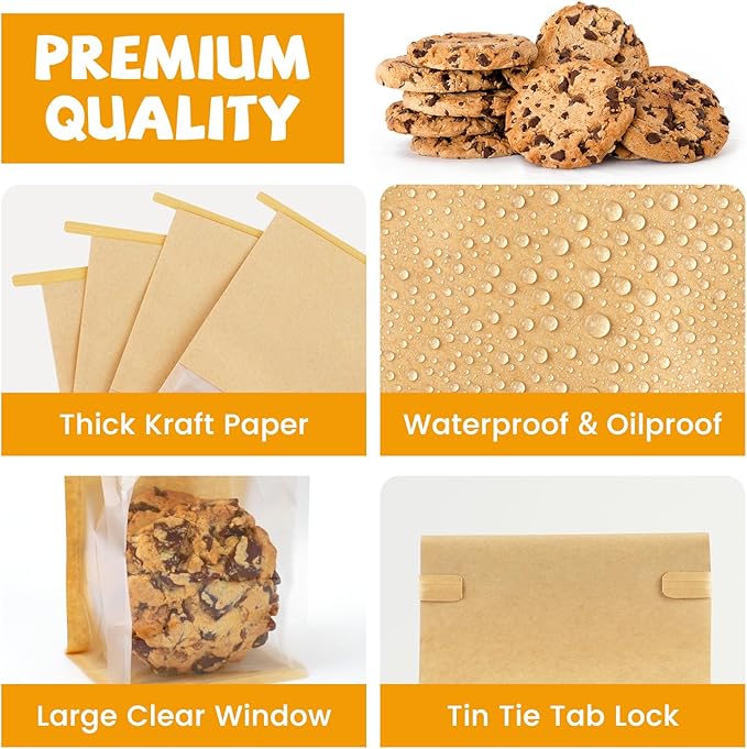 50 Pack Cookie Packaging Bags, 3.9x3.1x8.2 Inches Small Bakery Bags with Window Tin Tie Tab Lock Resealable Paper Treat Bag for Baked Goods Gift Giving and Bake Sale | Thick Material, Grease Resistant, Self Standing
