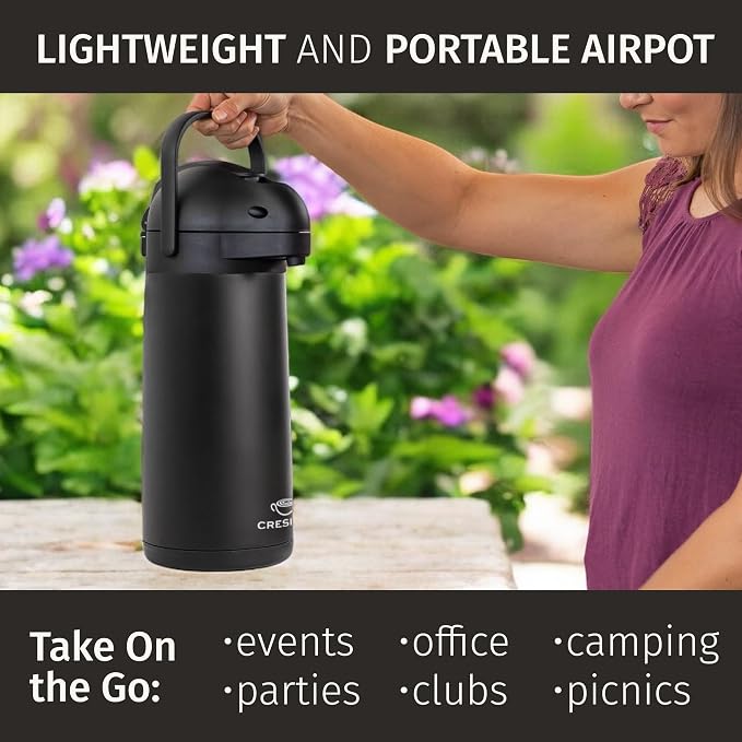 Airpot Coffee Carafe Dispenser with Pump, Black | 12 Hours Hot Water Retention, 36 Hours Cold Retention, Thermal Carafe for Hot Drinks, One-Handed Dispensing