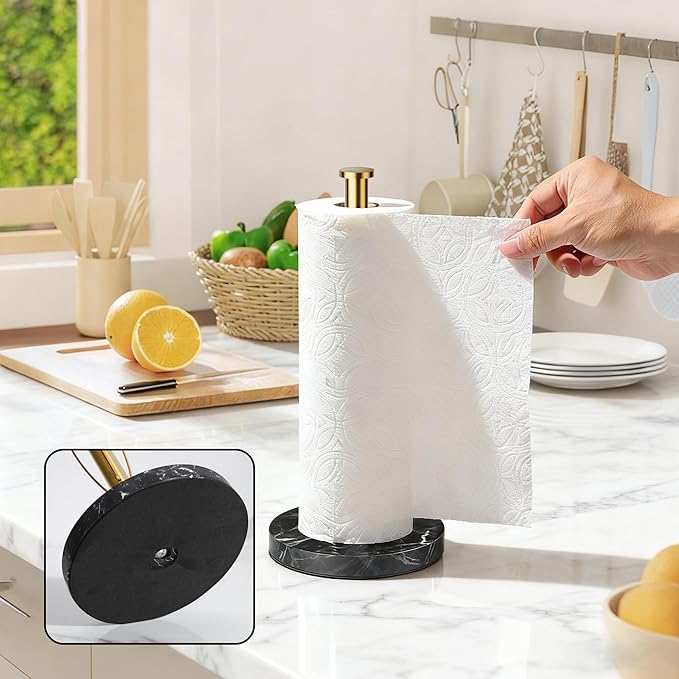 YIGII Heavy Marble Base Paper Towel Holder Countertop - Standing Paper Towel Roll Holder with Black Weighted Base, Gold Papertowel Holder for Kitchen