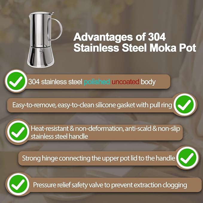 304 Thickened Stainless Steel Uncoated 4 Cup Moka Pot Coffee Maker Stovetop Espresso Coffeemaker Italian Classic Brewing Greca Cafe Mocha Machine for Cafeteras Camping Travel Home 200ml 6.6oz