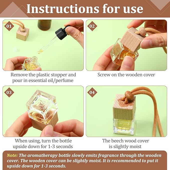 Rtteri 100 Pcs Hanging Car Air Freshener Diffuser Bottles Empty Glass Perfume Diffuser Vials Refillable Oil Aromatherapy Pendant with Wooden Caps and Hanging String for Car Home Office Decor(Square)
