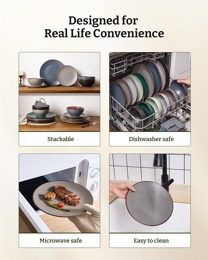 Famiware Venus Stoneware Dinnerware Set with Pasta Bowls for 4, 16-Piece Speckled Plates and Bowls with Trim, Matte Dark Gray - Chip‑Resistant Dishes for Everyday/Formal Use, Microwave/Dishwasher Safe