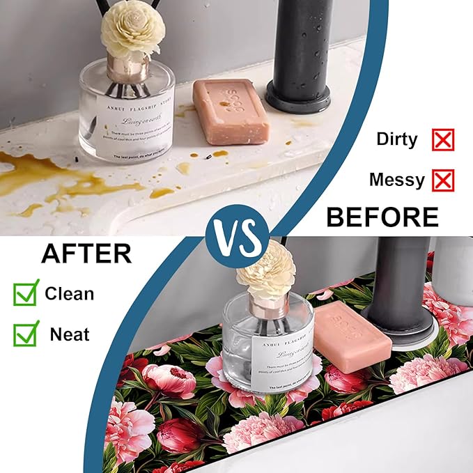 Blooming Peony Sink Splash Guard Pink Peony Flowers Faucet Absorbing Mat Fast Drying Mat Sink Gadgets Splash Guard Behind Faucet Drip Catcher for Kitchen Bathroom, 23.5"x5.5"