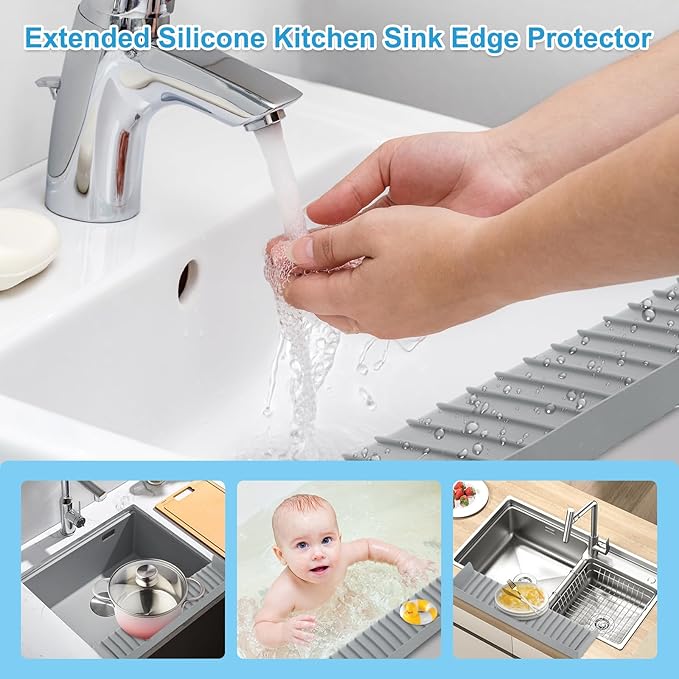 Silicone Faucet Splash Guard 4" x 20", Faucet Water Catcher Mat, Longer Silicone Sink Mat for Kitchen, Bathroom, Laundry Room, Farmhouse for Quartz Kitchen Sink（Gray）