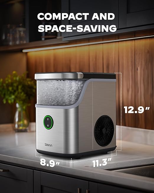 Silonn Nugget Ice Maker Countertop, Ice Basket with Handle, Quiet Operation & Self Cleaning Ice Machine, Chewable Ice, 33 lbs/24H, Portable Pellet Ice Maker with Scoop for Home, Kitchen and Office