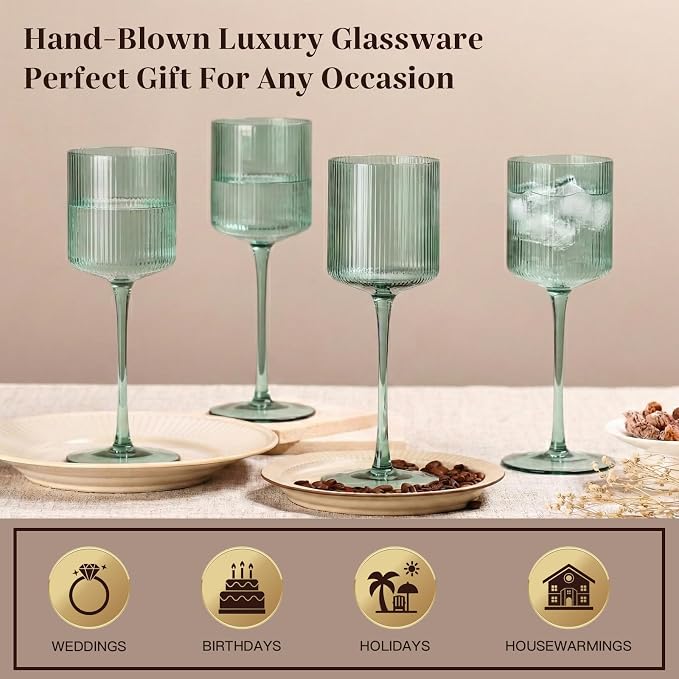 Sage Green Square Wine Glasses Set of 6, Elegant Ribbed Design Green Crystal Glassware with Long Stem, 11.5oz Hand Blown Red & White Wine Stemware For Home Dinner Party Wedding Housewarming Gift