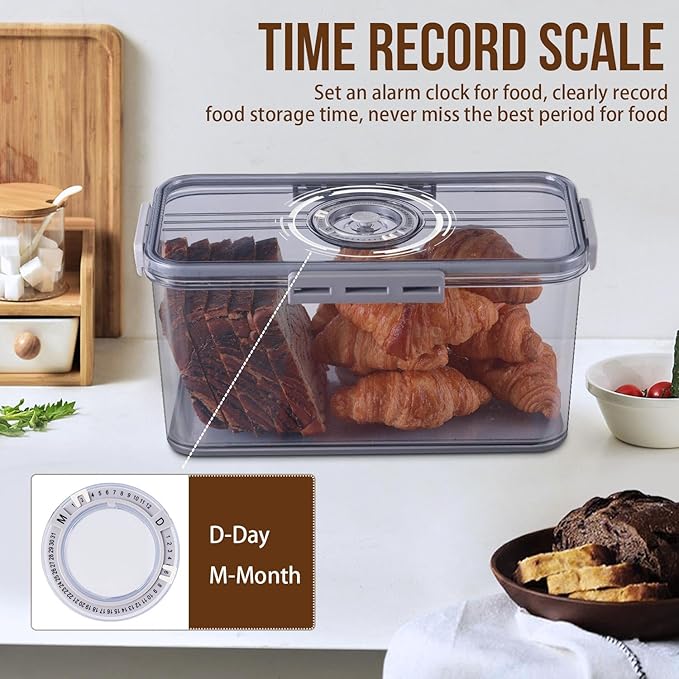 Gifhomfix Bread Box Bread Boxes for Kitchen Counter Airtight, Time Recording Bread Storage Container with Lid, Bread Keeper for Homemade Bread, Toast, Bagel, Donut and Cookies, Grey