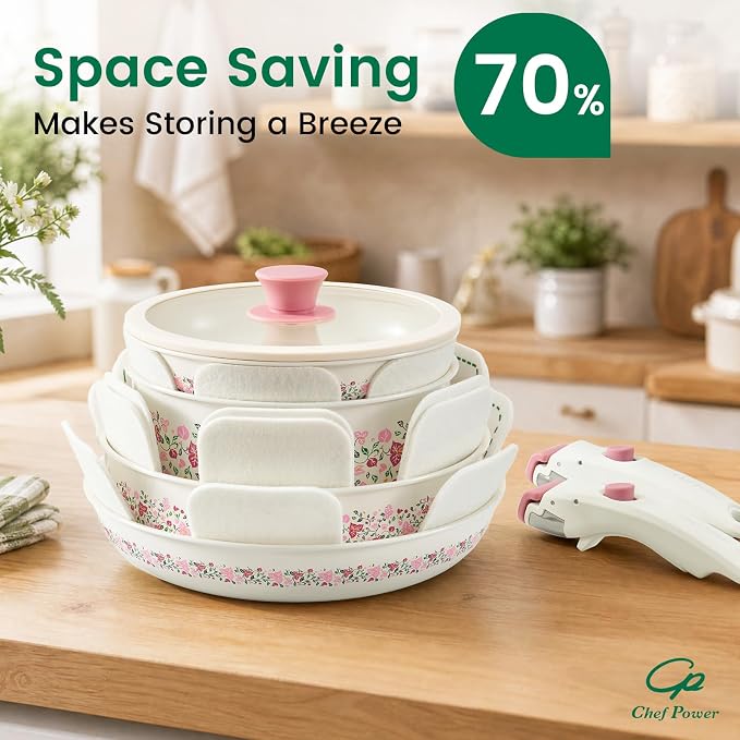 Chef Power Ceramic Cookware Set Non Toxic with Detachable Handles, Healthy Nonstick Decal Pans and Pots Set 14 Pcs, Induction Dishwasher Oven Safe Kitchen Set, White with Bougainvillea