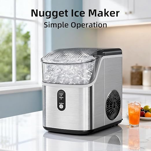 Nugget Ice Maker Countertop, Pebble Ice Machine with Soft Chewable Pellet Ice, 35Lbs/24H, Self-Cleaning, One-Click Operation for Kitchen, Office, Home, Stainless Steel Silver