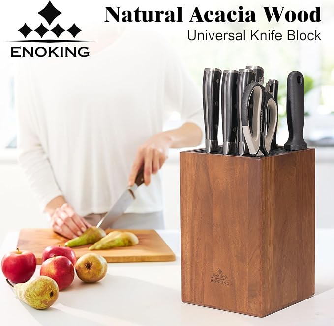 Acacia Wood Universal Knife Block with Plastic Slot Top, Kitchen Knife Holder for Knives, Scissors & Sharpening Rod, Easy-Clean Countertop Storage Organizer