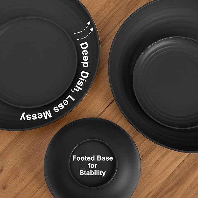 Wheat Straw Dinnerware Sets for 8,Plastic Plates and Bowls Sets 32-Piece, Unbreakable & Lightweight Dish Set, Camping Plates, Cereal Bowls, Cup Sets for Kitchen, Apartment Essentials - Black
