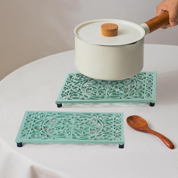 Notakia 9.6 x 6.3 Inch Cast Iron Trivet Set, Large Metal Trivets for Hot Dishes Pots Pans Decorative Kitchen Trivets, Heat-Resistant Trivet Mats for Quartz Countertops, Green Kitchen Accessories