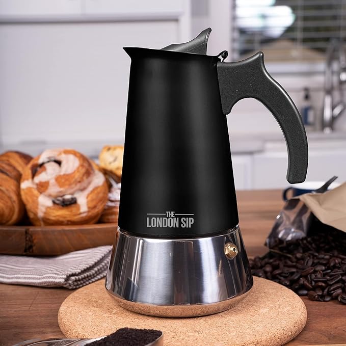 London Sip Stainless Steel Stovetop Espresso Maker Moka Pot Italian Coffee Percolator, Matte Black, 6 Cup