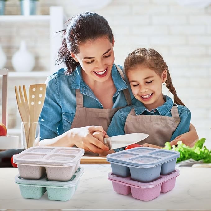 LCHLZZ 4 Compartment Snack Containers with Lids, 4 Pack Reusable Bento Box Adults, Divided Meal Prep Lunch Containers, Microwave & Dishwasher Safe, Food Storage for Work Travel Picnic, Pink