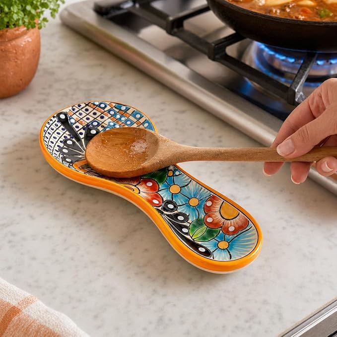 Talavera Spoon Rest – Hand-Painted Ceramic Utensil Rest Handmade in Mexico, 10" Large for Stove Top and Counter, Dishwasher Safe Lead Free, Gift Ready Cuchara Multicolor