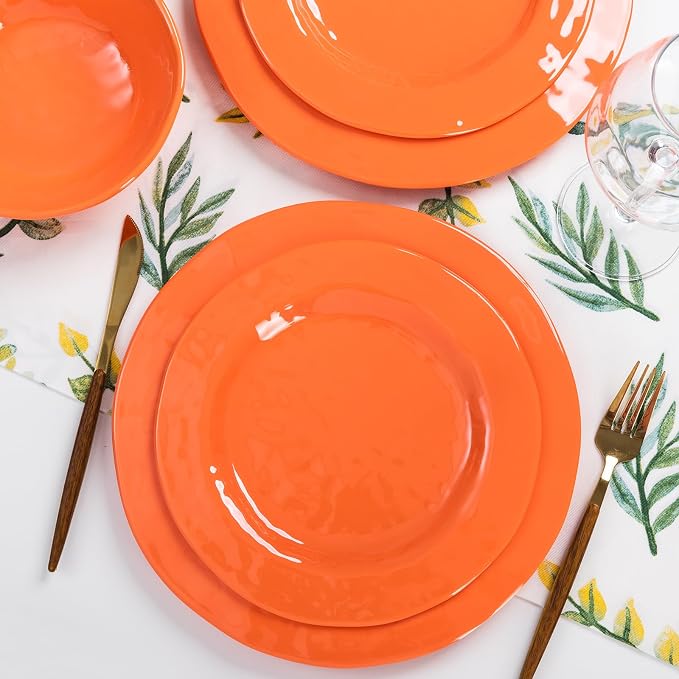 LEHAHA Orange Melamine Dinnerware Set, 12 Piece Kitchen Tableware Plates Bowls Dishes Set, Lightweight Unbreakable Dinnerware Set for 4, Dishwasher Safe and BPA free