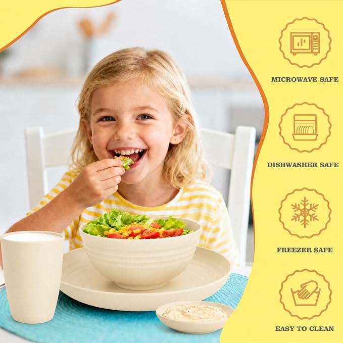 16 Piece Wheat Straw Dinnerware Sets for 4, Unbreakable Dish Set,Reuseable Toddler Plates and Bowls Sets for 4, Lightweight Kitchen Dishware Set for Camping, Picnic Kids Dish Set - Beige