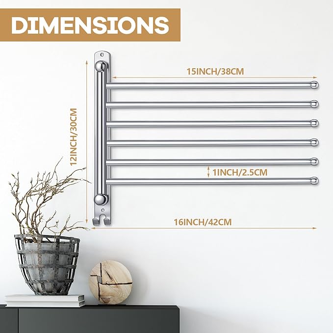 Teenyyou Swivel Towel Rack 16.5 Inches 304 Stainless Steel 6 Arms Bathroom Towel Rack Hanger Pool Holder Wall Mounted Swivel Bar Space Saving with Hook, Sliver