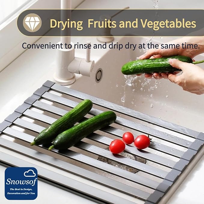 Wide Dish Drying Rack, Silicone Wrapped Over Sink, Multipurpose Foldable Sink Dish Drainer Mat, Stainless Steel, Anti-Slip & Anti-Rust Dish Rack for Kitchen (Dark Gray,16.5X13.4inch & 42X34cm)