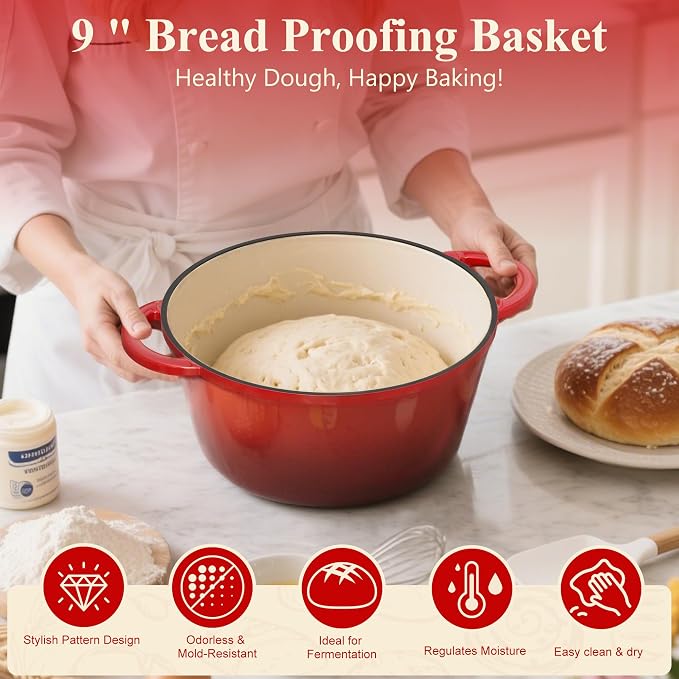 5QT Enameled Cast Iron Dutch Oven for Bread Baking, Sourdough Bread Making Supplies Tools Starter Kit, Dutch Oven Pot with Lid, Banneton Bread Proofing Basket and Scoring Lame, Red Christmas Gifts Idea