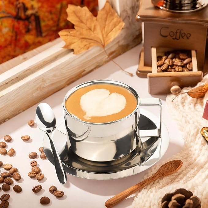 4 Sets of 304 Stainless Steel Coffee Cups with Spoon & Saucer, 6.8 Oz Metal Espresso Mugs, Double Walled Insulated Espresso Coffee Cup for Cappuccino Latte Milk Tea Beverages (4 Sets，200 ml)