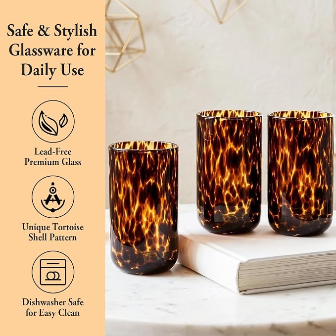 Tortoise Shell Drinking Glasses Set of 4, Brown Decorative Tortoise Shell Tumbler Cups for Wine & Drinks，Drinking Glasses for Wedding Gifts, Housewarming, Cocktail Party (4, 15oz)