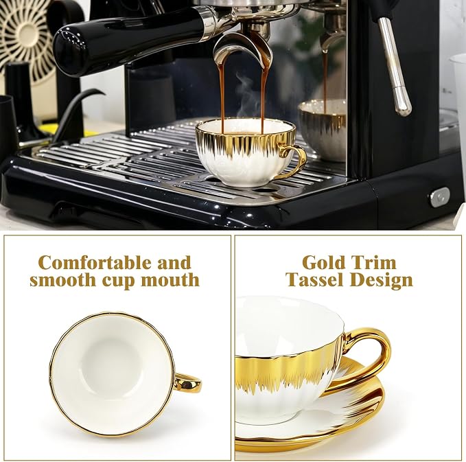Espresso Cups with Saucers, 3.5 OZ Gold Ceramic Coffee Cup Set of 6, Demitasse Coffee Cup for Double Shot, Latte, Cafe Mocha and Tea, Dishwasher & Microwave Safe (Gold Trim-04)