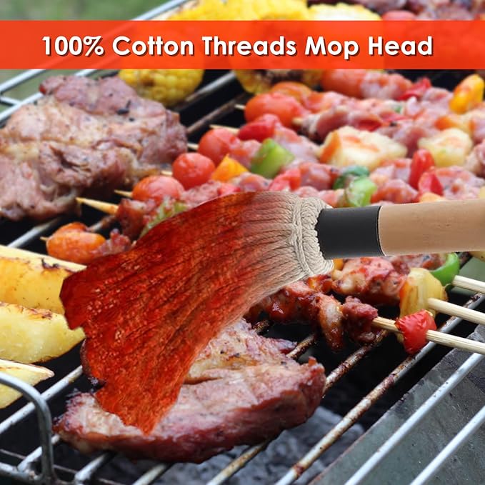 SafBbcue Cast Iron BBQ Sauce Pot and Mop Brush Set,Barbecue Cooking Accessories Heat Preservation Heavy Basting Pot & Mop with 4Pcs Heads for Big Green Egg Grill Grilling