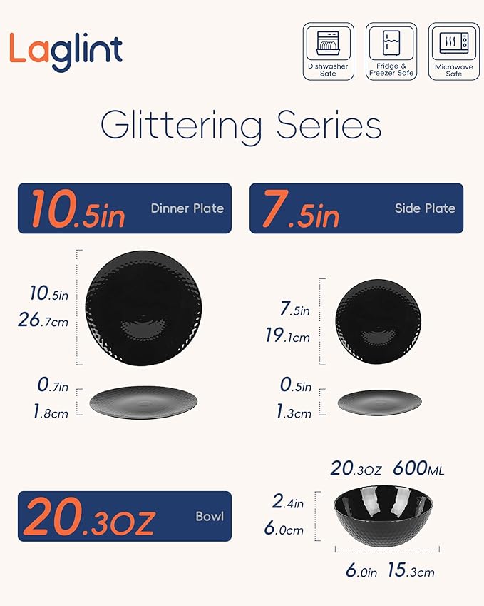 LaGlint Dinnerware Sets for 6, Light & Durable 18 Pieces Opal Glass Plates and Bowls Set, Dishwasher and Microwave Safe Ribbed Dish Dinning Ware, Thin but Strong Geometric Faceted Black