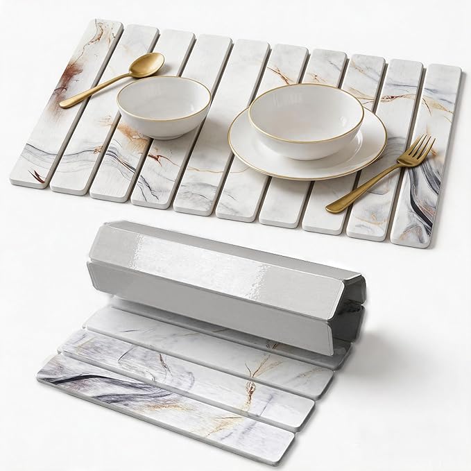 Stone Drying Mat for Kitchen Counter, Quick Diatomaceous Earth Mats for Dishes, 23.6"L x 15.7" W Super Absorbent Fast-Drying Collapsible Countertop Stone Mat (Marble White-05, 24" x 16")