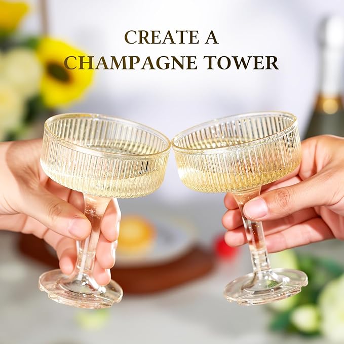 Goodluck 4-Tier Champagne Glasses - 20 PCS 7oz Glitter Gold Plastic Champagne Flutes,Plastic Coupe Glasses with Vertical Stripes for Weddings, Celebrations, Parties & Birthdays