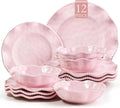 Pink Melamine Dinnerware Sets for 4,Scalloped Plates and Bowls Set with Beaded Edge, BPA Free Dishwasher Safe, Heavy Duty Shatterproof Unbreakable Tableware for Wedding Party Camping Outdoor