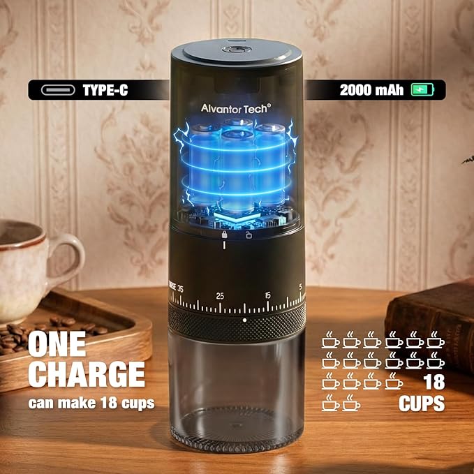 Portable Electric Burr Coffee Grinder, Cordless Rechargeable Coffee Grinder with Ceramic Conical Burr - Ultra Quiet <65dB, 38 Adjustable Settings, USB-C Travel Coffee Grinder for Camping Office Home