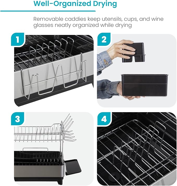 Home Zone Living Large 2-Tier Stainless Steel Dish Drying Rack with Drain Pipe and Utensil Holders