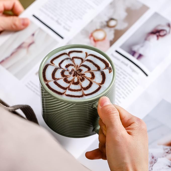 Stackable Coffee Mugs with Rack: 13 oz Stacking Ceramic Cups with Stand for Home & Office- Porcelain Stacked Tea Mug Set of 4