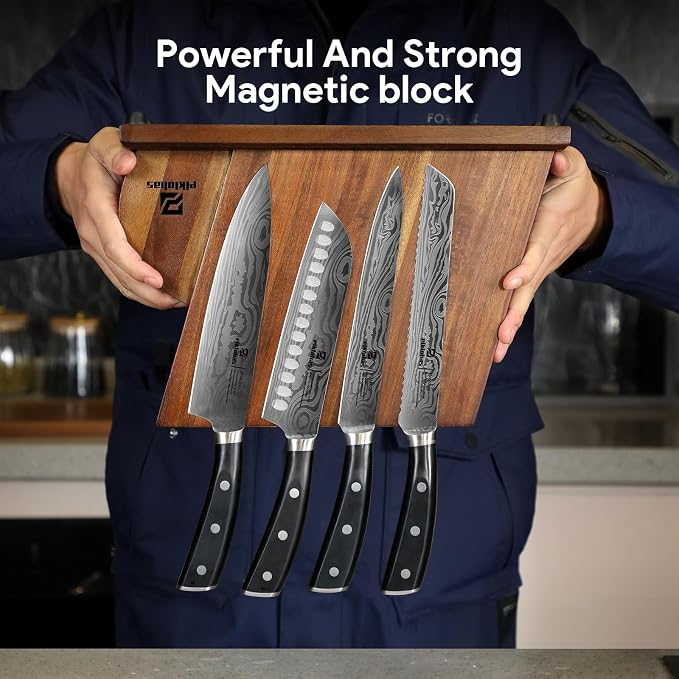 Piklohas Knife Sets for Kitchen with Block, 17 Pieces with Magnetic Knife Holder, German High Carbon Stainless Steel Damascus Pattern Chef Knife Set, Ideal for Gift