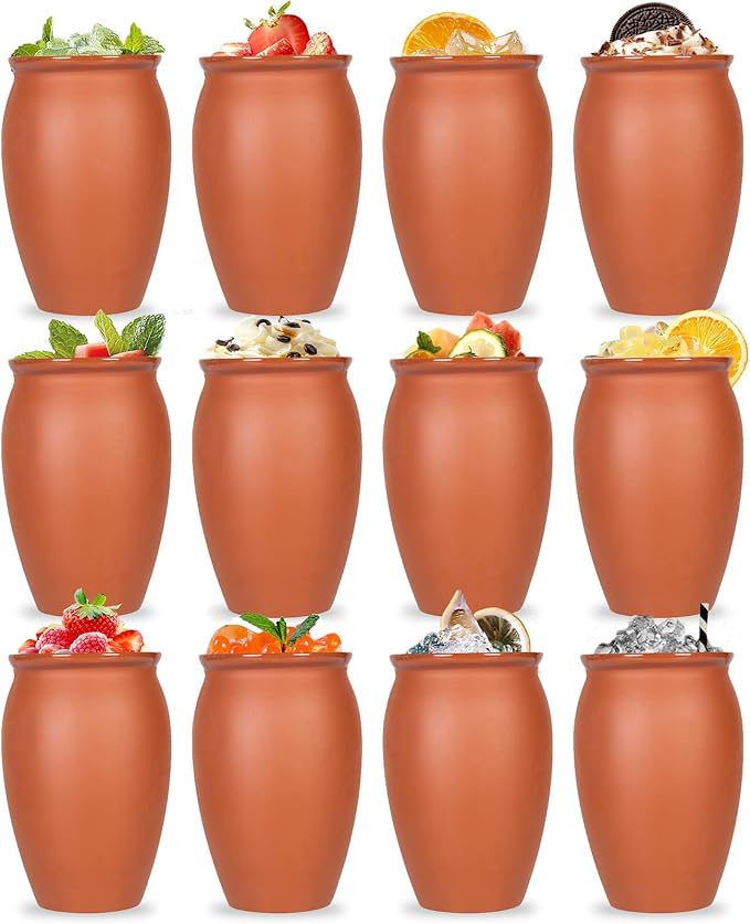 FirstGift 12-Pack Cantaritos de Barro Mexicanos – 12 oz Handmade Clay Cups for Margaritas, Taco Tuesday, Mexican Fiesta (Dishwasher & Microwave Safe)