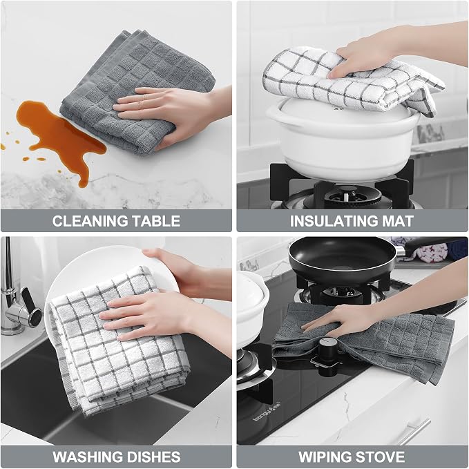 Homaxy Premium Cotton Kitchen Towels 16"x 28", Large Natural Ring Spun 390 GSM Dish Towels, Super Absorbent Terry Kitchen Hand Towels, Soft Tea Towels with Hanging Loop, Grey Check Design, 4 Pack
