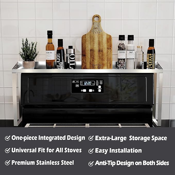 STUTOV 30-Inch Stainless Steel Over Stove Spice Rack Shelf – Magnetic Kitchen Organizer for Stove Top, Stainless Steel Countertop Storage Rack for Spices, One-Piece Kitchen Gadgets