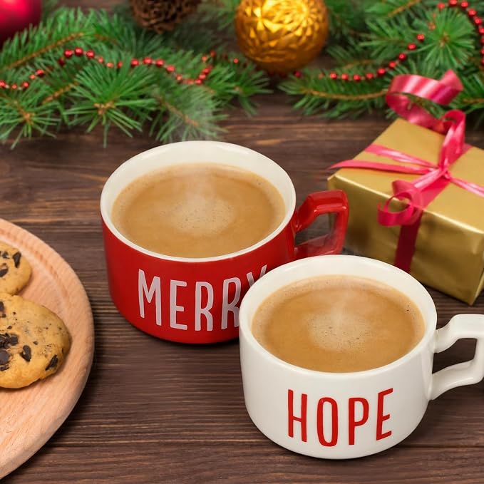 Sliner Set of 4 10 oz Christmas Stackable Large Coffee Mugs with Rack Porcelain Coffee Cups Ceramic Coffee Cup Set with Metal Stand Christmas Theme Coffee Mug for Espresso Tea Cocoa, Red White
