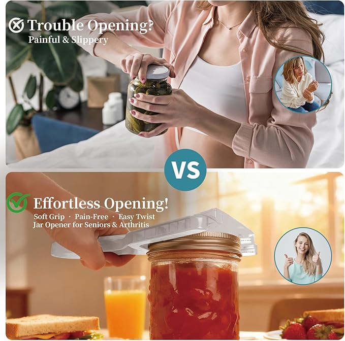 Jar Opener for Weak Hands & Seniors with Arthritis – Easy Twist-Off Lid & Bottle Opener – Ergonomic Non-Slip Handle, Unique Kitchen Gadget & Ideal Christmas Gift for Elderly, Women & Men (Transparent)