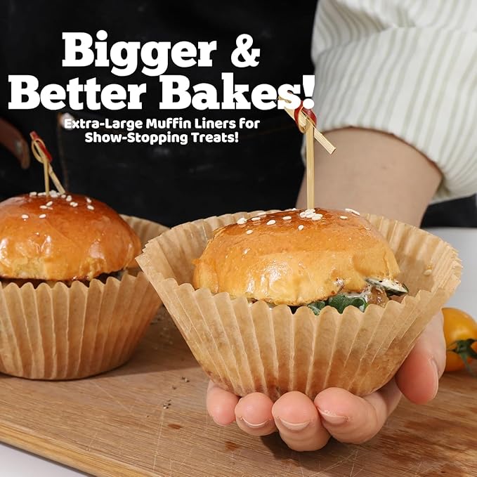 Cupcake Liners & Muffin Liners - JUMBO, NON STICK, THICK Parchment Paper For Baking Muffins - Big Giant Extra Large XL Size, Heavy Duty, Tall Unbleached Natural Brown Cup Cake Holders Wrappers