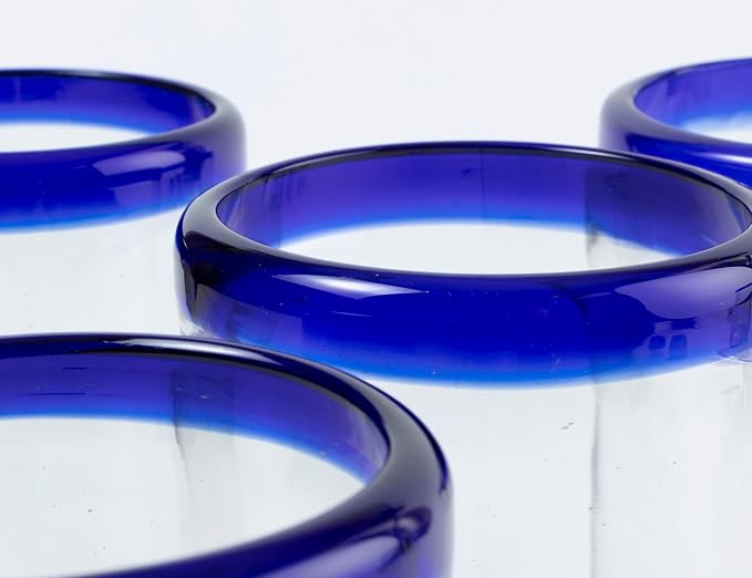 18 oz Hand Blown Mexican Drinking Glasses - Set of 6 tumblers, 18 fl oz each, Cobalt-Blue Rim