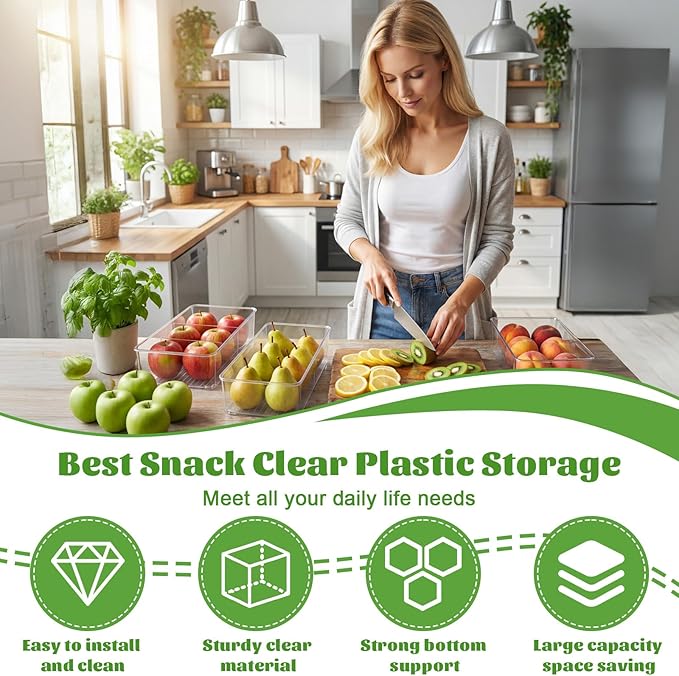 Mifoci 16 Pcs Snack Pantry Organizer and Storage - Clear Plastic Storage Bins for Pantry Shelf with 3 Divider Stackable Plastic Containers Box with Handle for Kitchen Cabinet Fridge Closet Bathroom