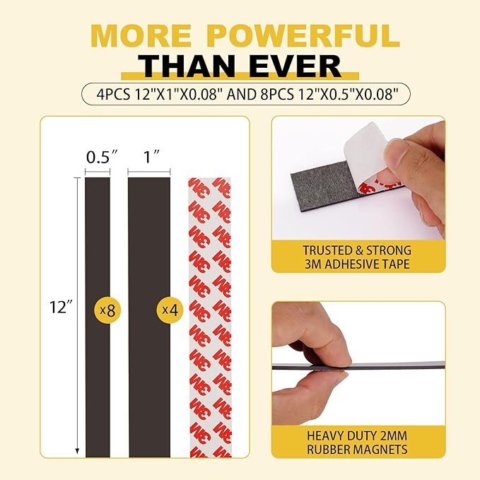 Magnetic Tape with Adhesive Backing,12 Feet Magnets Strips for Crafts,Flat Package (8PCS 0.5X12"+4PCS 1X12") Self Sticky Magnets