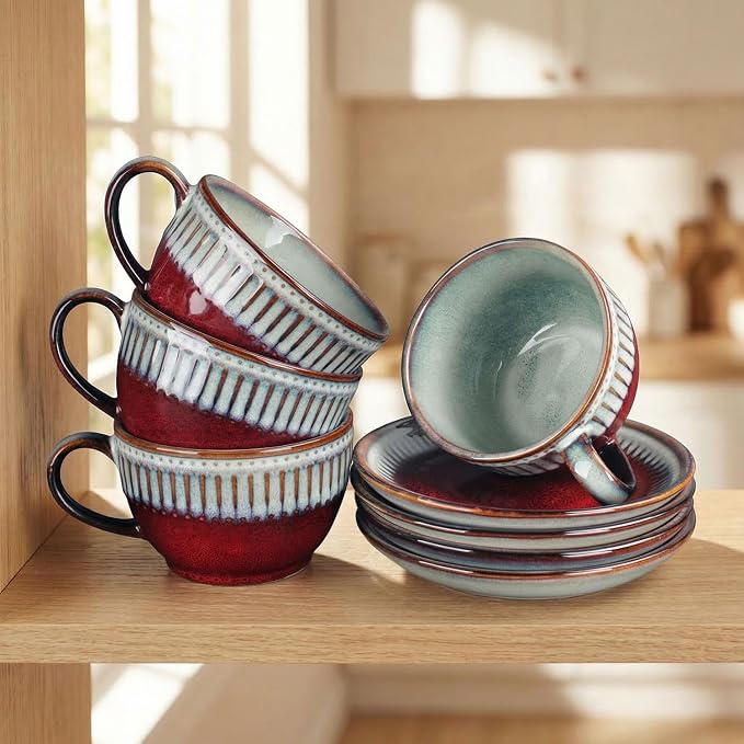 Cappuccino cup with tray, 8.5 oz. Set of 4 Ceramic Coffee Cups and Saucer Set for Latte, latte art cup, suitable for latte/cappuccino/milk/tea