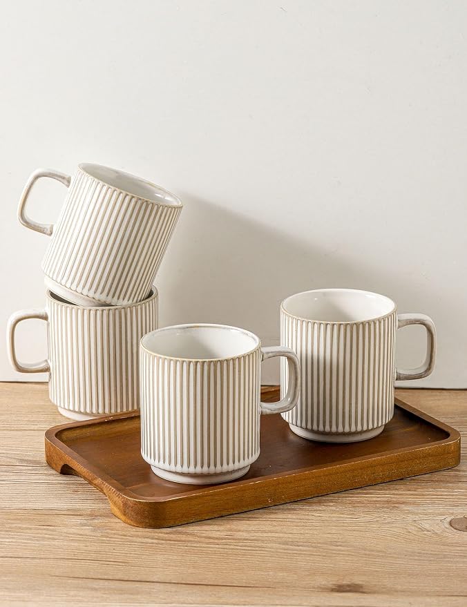 Coffee Mugs Set of 4, Ceramic Ribbed Coffee Mug, Tea Coffee Cups Set with Handle, Porcelain Mug for Americano, Latte, Cappuccino, Hot Chocolate, Glazed White