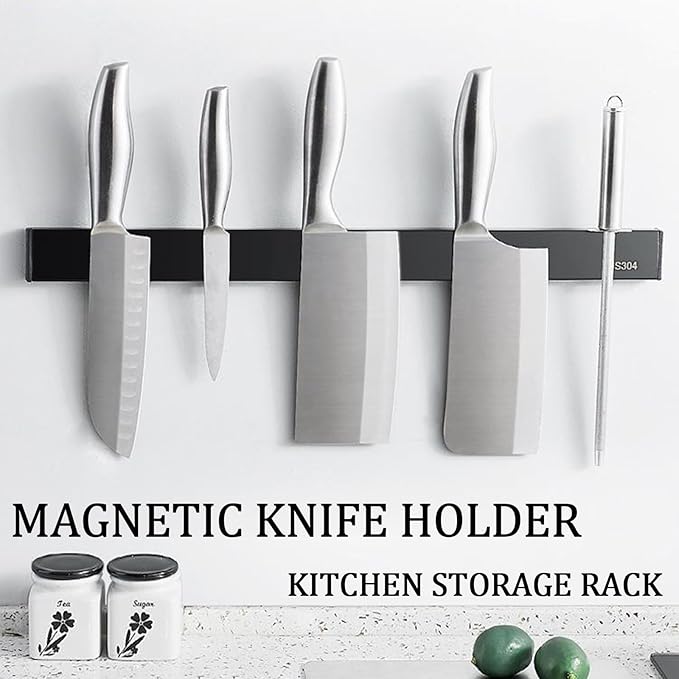 Magnetic Knife Holder for Wall, 16" Magnetic Knife Strips, Stainless Steel Magnetic Bar as a Knife Holder, Magnetic Strip for Knives for Kitchen Utensil Organizer (Black, 16 Inch)